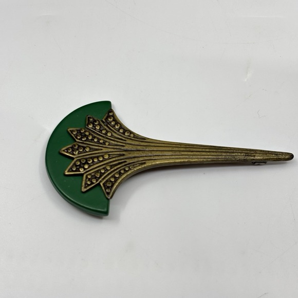 Vintage Art Deco Style Fan Brooch Statement Metal Plastic Bronze Green Pin - Picture 5 of 8